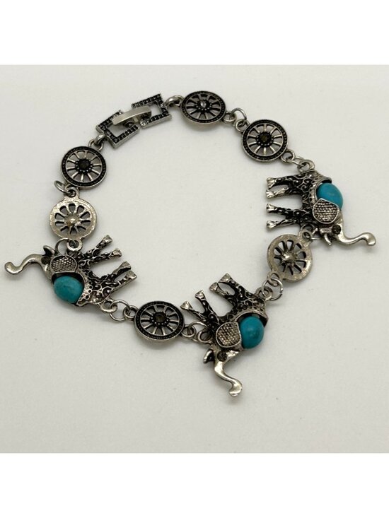 Estate Jewelry - Boho Elephant Link Bracelet Silver Tone Turquoise Color Stone Bohemian Good Luck
